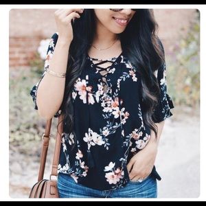 Floral Lace Up Blouse